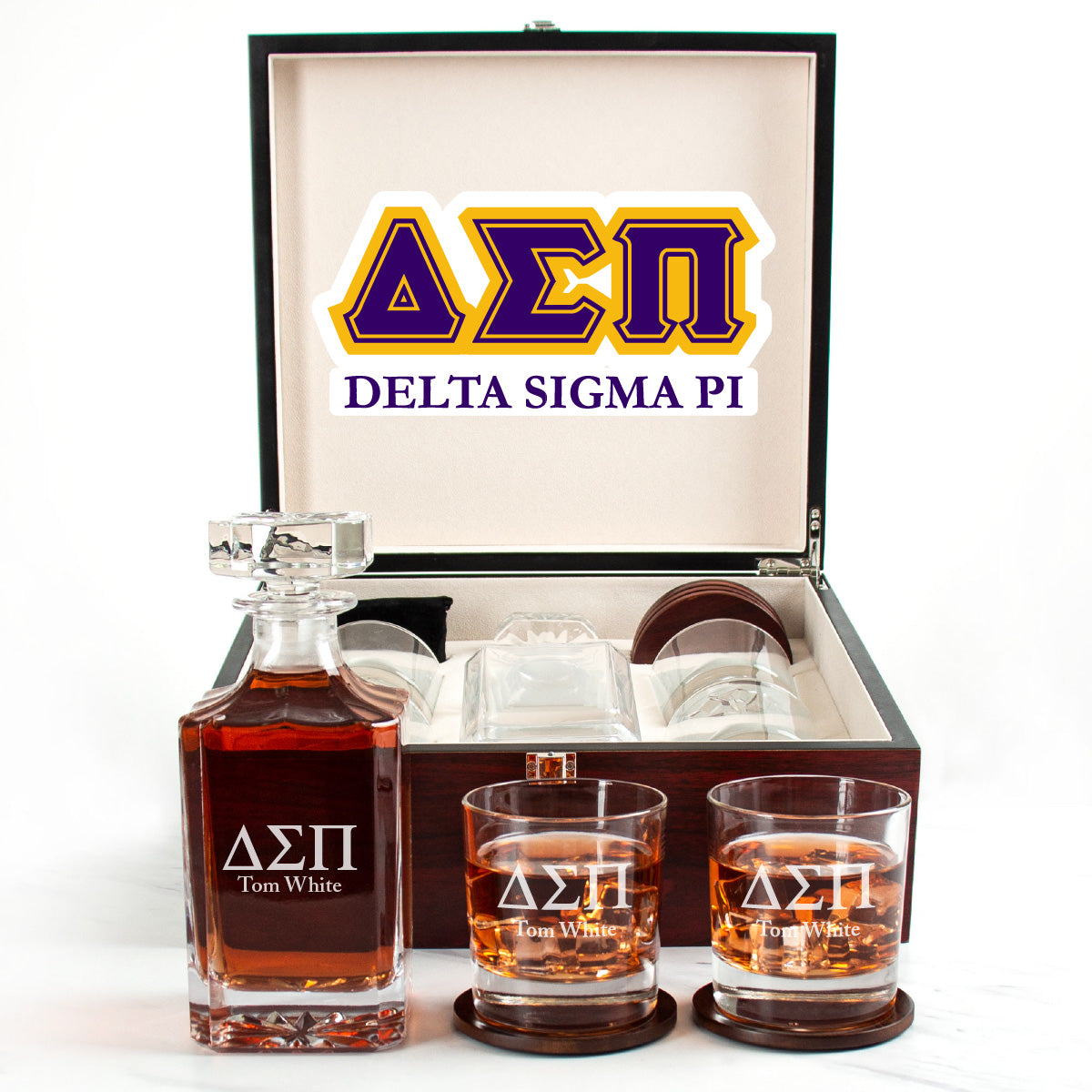 Delta Sigma Pi Cherry Wood Decanter Wood Gift Box Set With Rocks Glasses