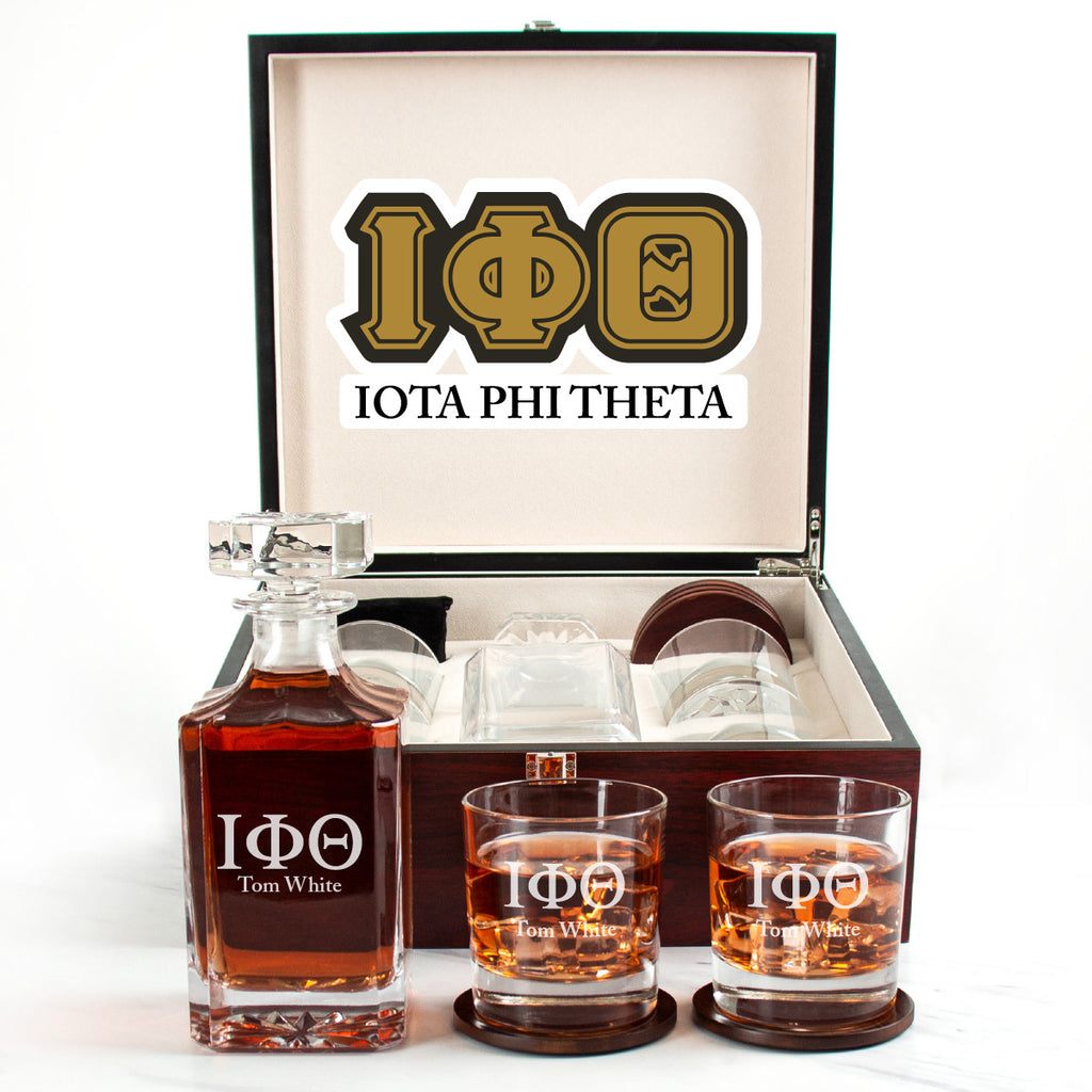 Iota Phi Theta Cherry Wood Decanter Wood Gift Box Set With Rocks Glasses