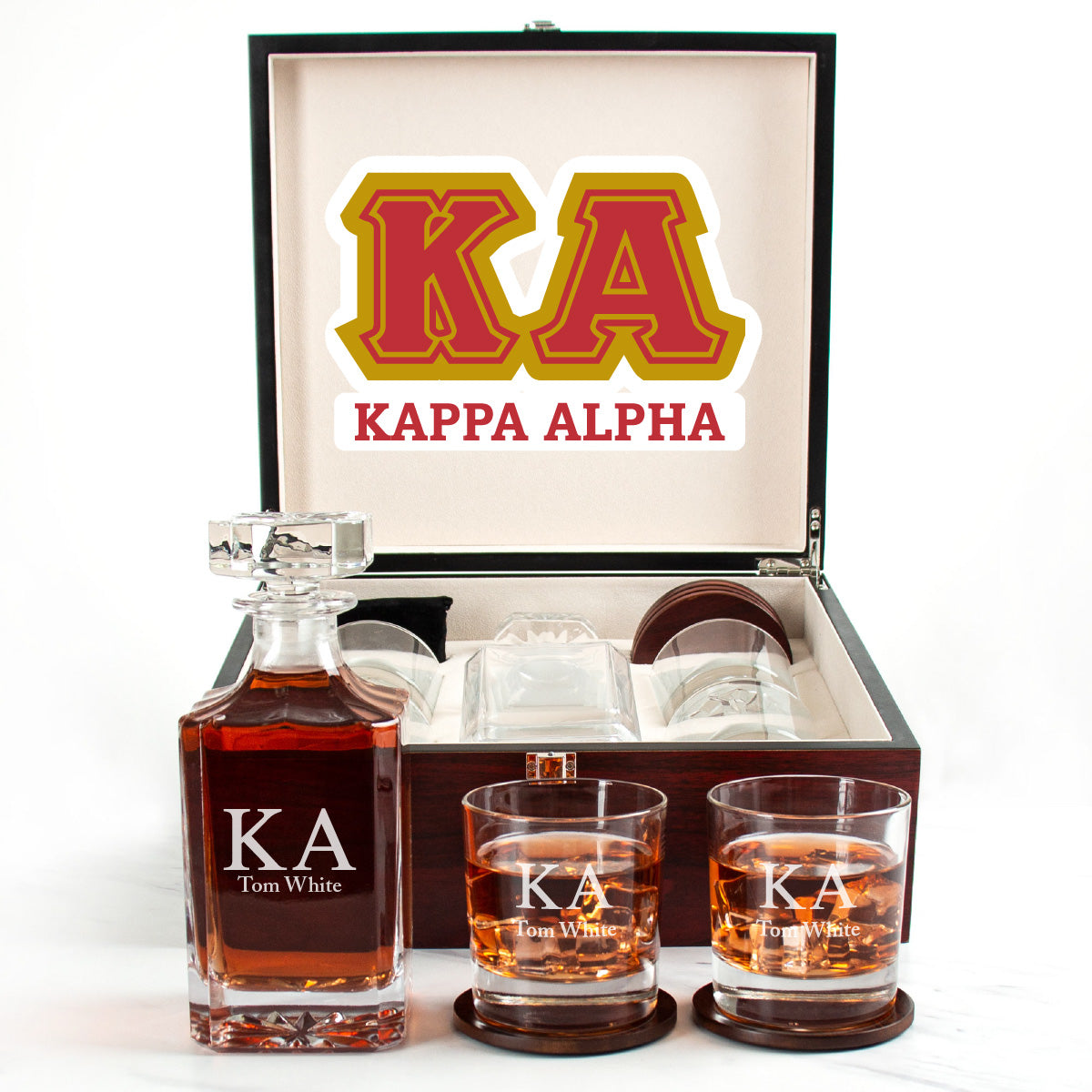 Kappa Alpha Cherry Wood Decanter Wood Gift Box Set With Rocks Glasses