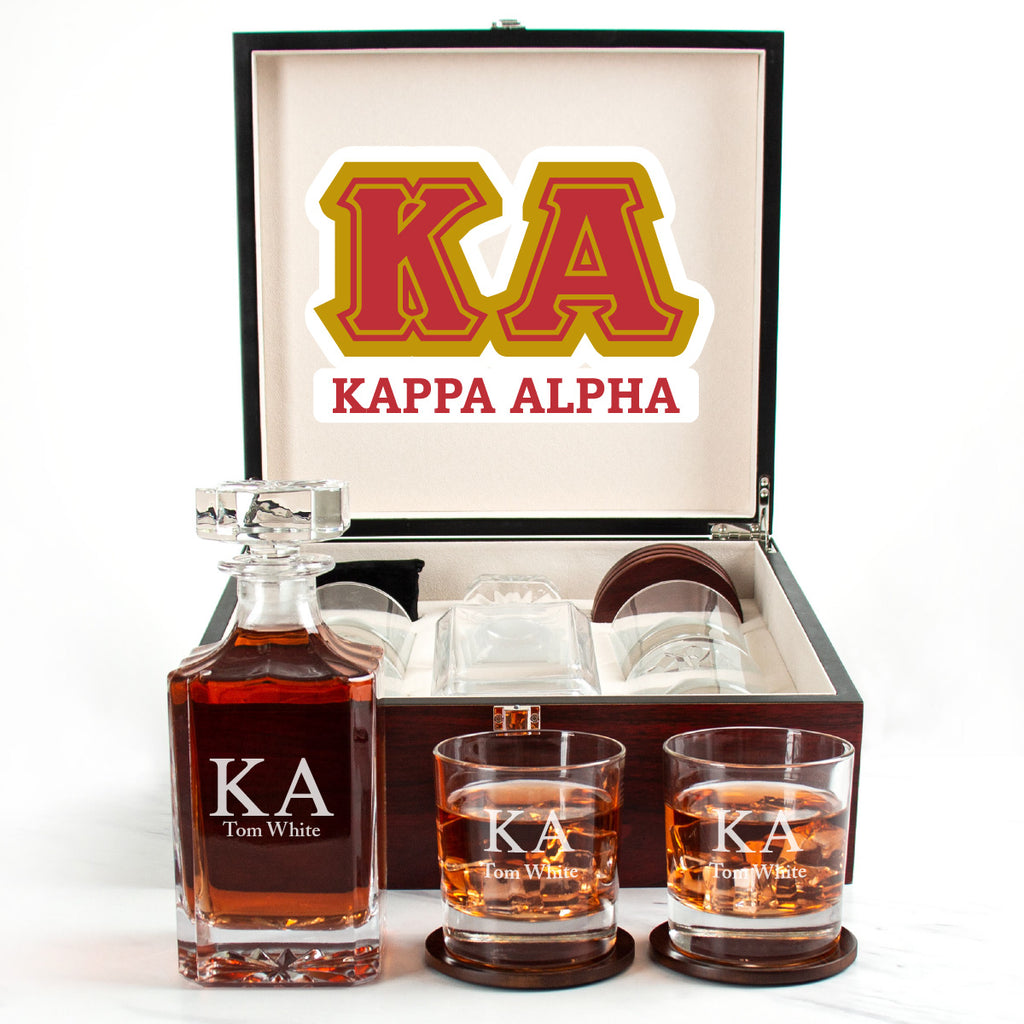 Kappa Alpha Cherry Wood Decanter Wood Gift Box Set With Rocks Glasses