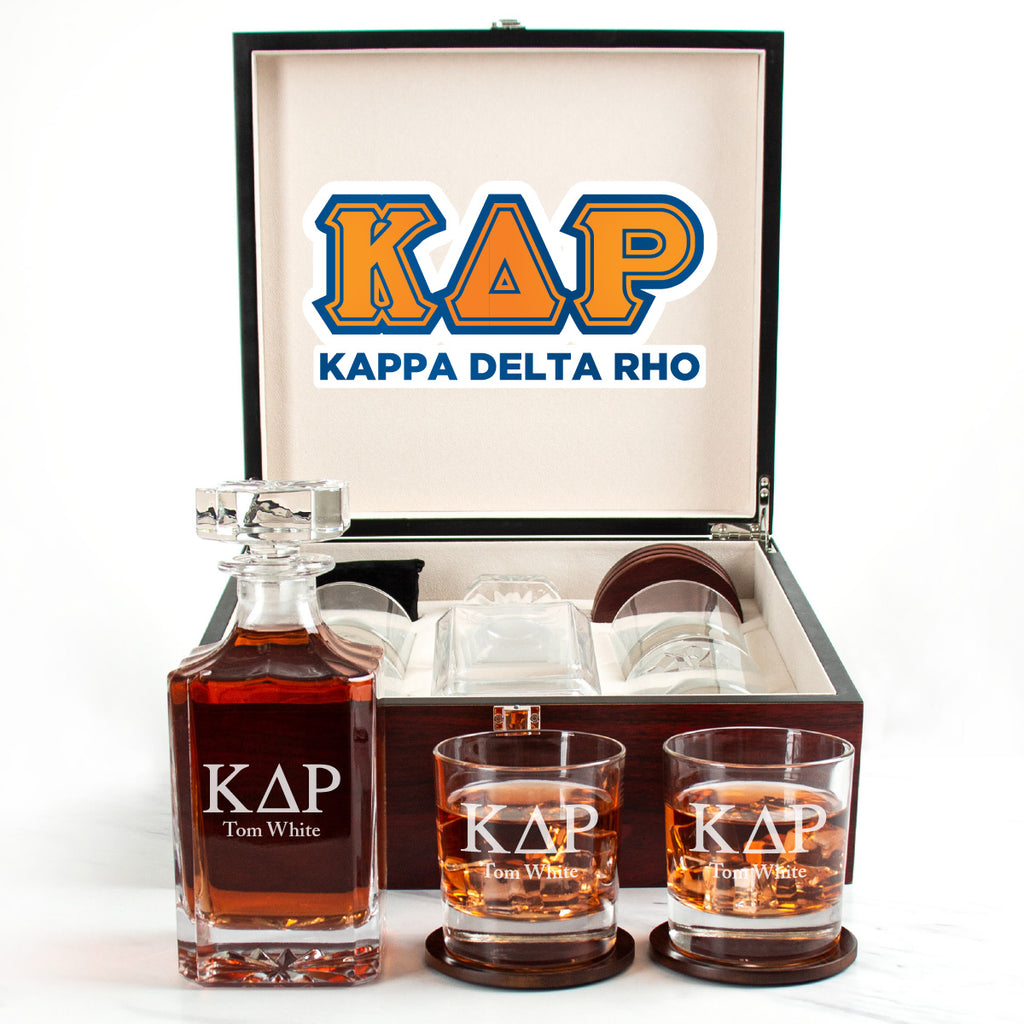 Kappa Delta Rho Cherry Wood Decanter Wood Gift Box Set With Rocks Glasses