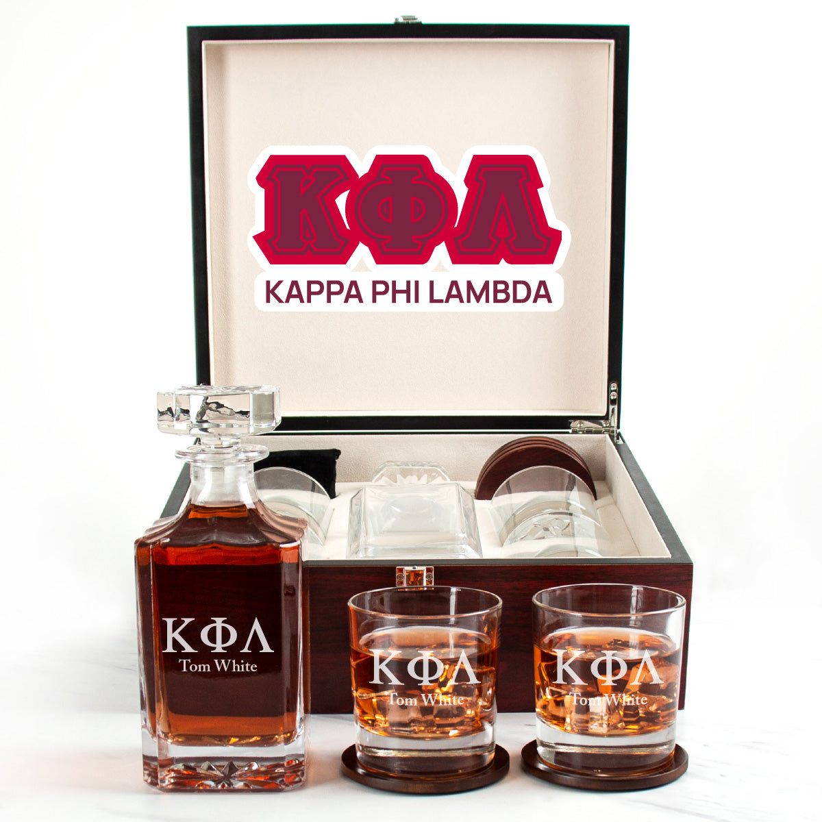 Kappa Phi Lambda Cherry Wood Decanter Wood Gift Box Set With Rocks Glasses
