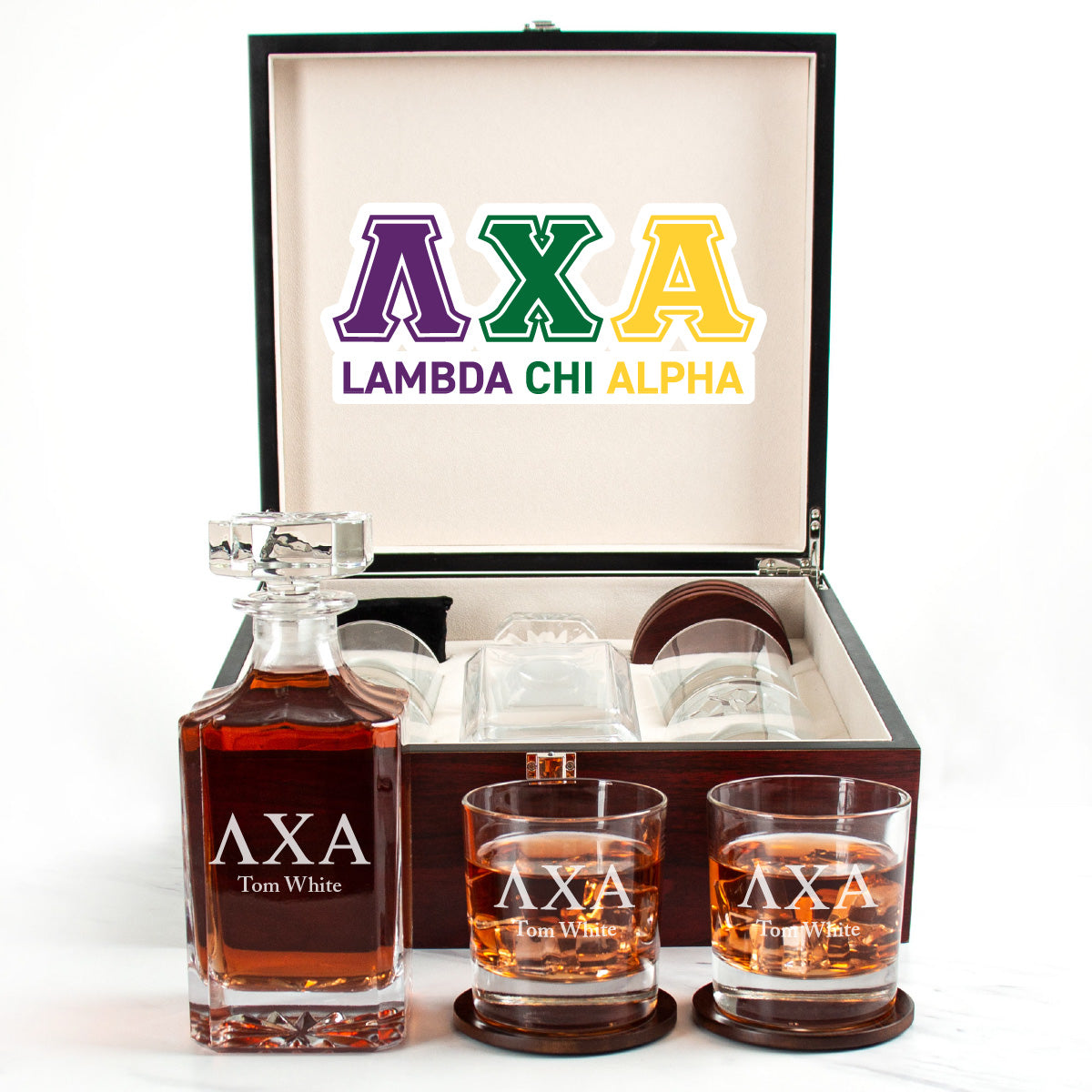 Lambda Chi Alpha Cherry Wood Decanter Wood Gift Box Set With Rocks Glasses
