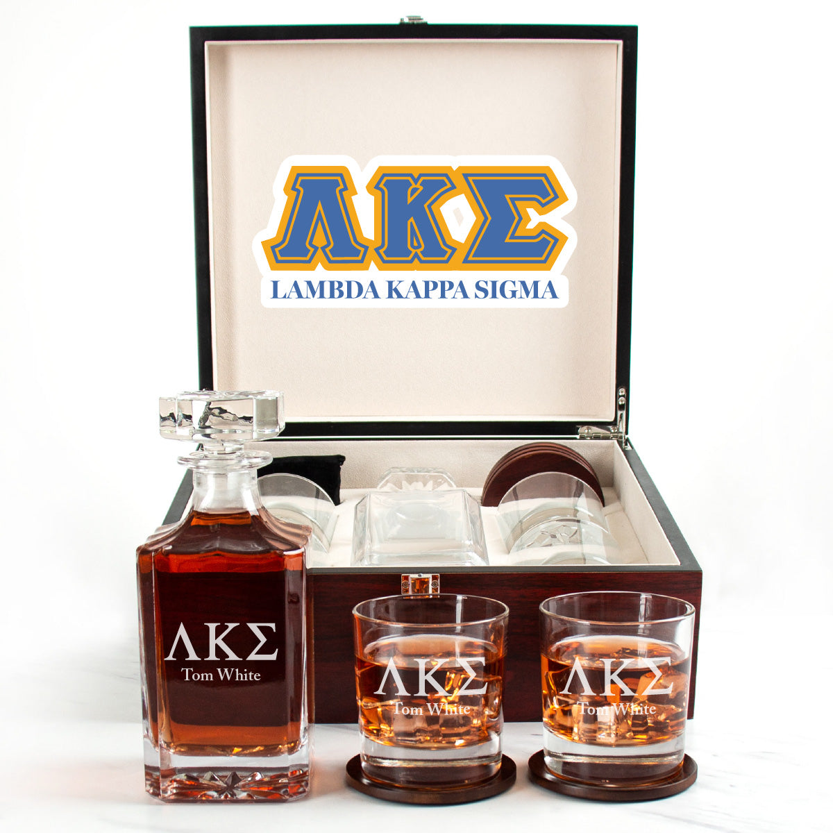 Lambda Kappa Sigma Cherry Wood Decanter Wood Gift Box Set With Rocks Glasses