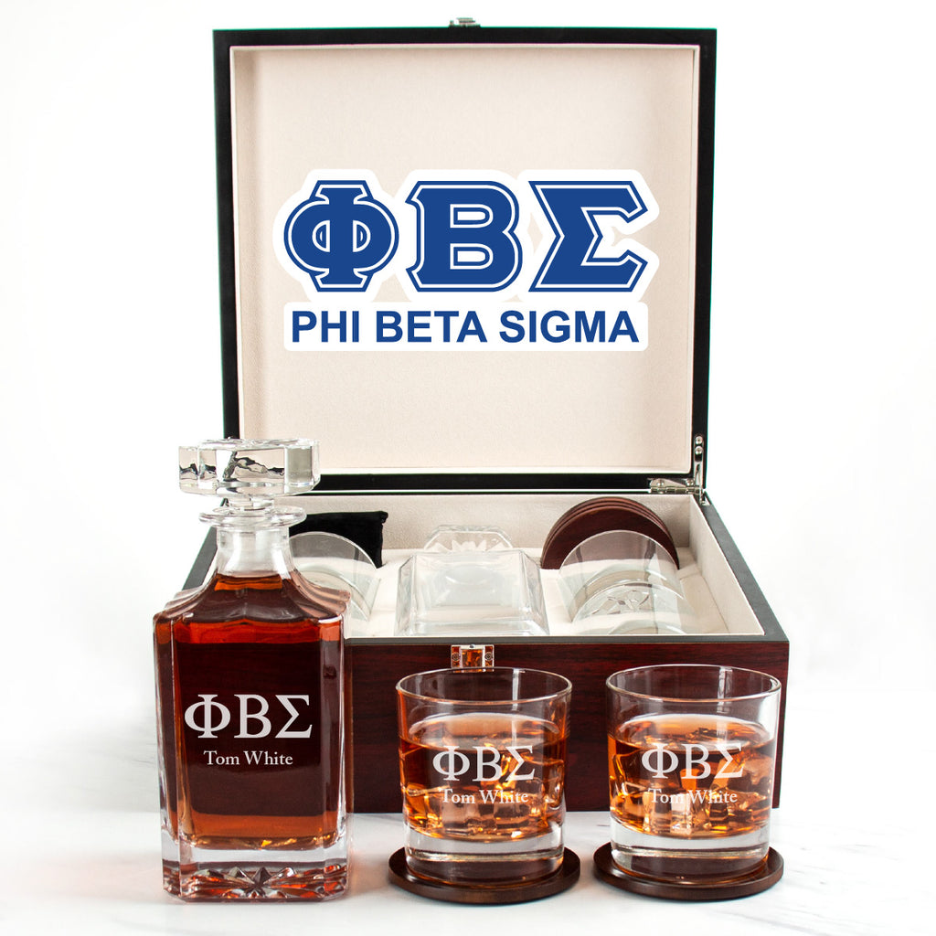 Phi Beta Sigma Cherry Wood Decanter Wood Gift Box Set With Rocks Glasses