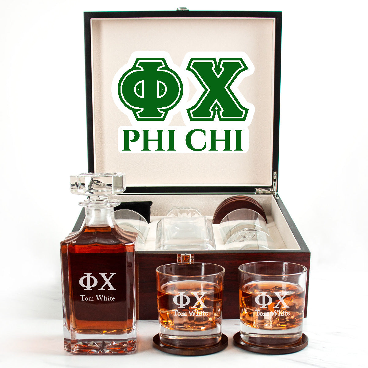 Phi Chi Cherry Wood Decanter Wood Gift Box Set With Rocks Glasses
