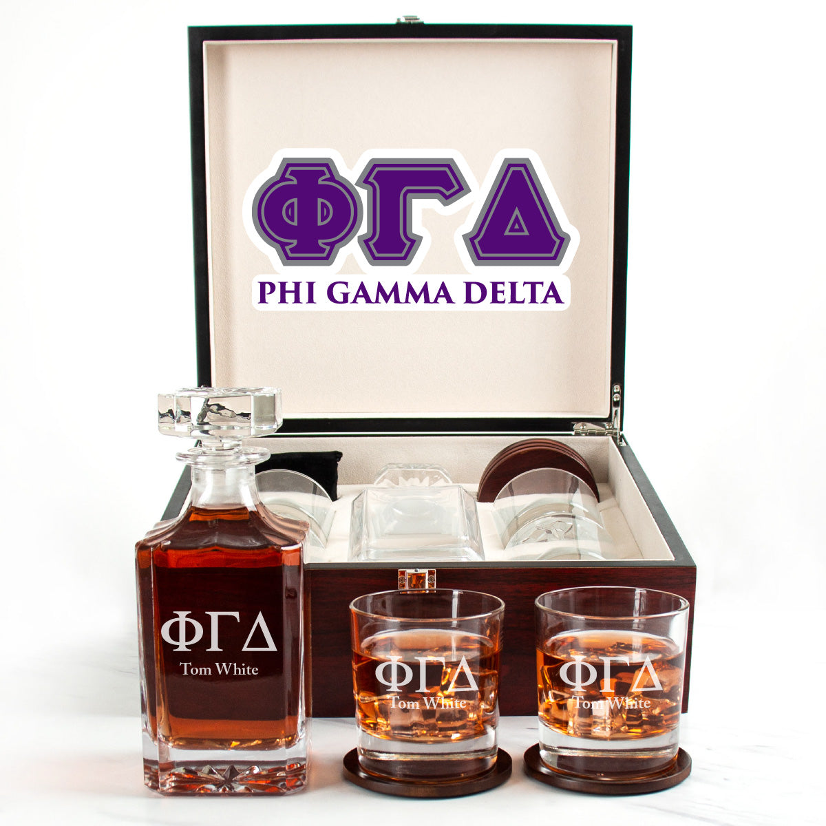 Phi Gamma Delta Cherry Wood Decanter Wood Gift Box Set With Rocks Glasses