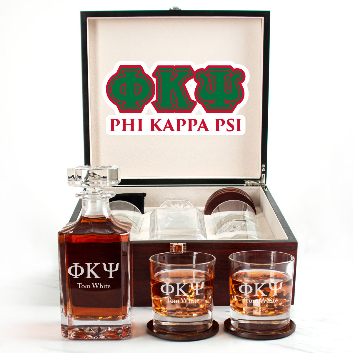 Phi Kappa Psi Cherry Wood Decanter Wood Gift Box Set With Rocks Glasses