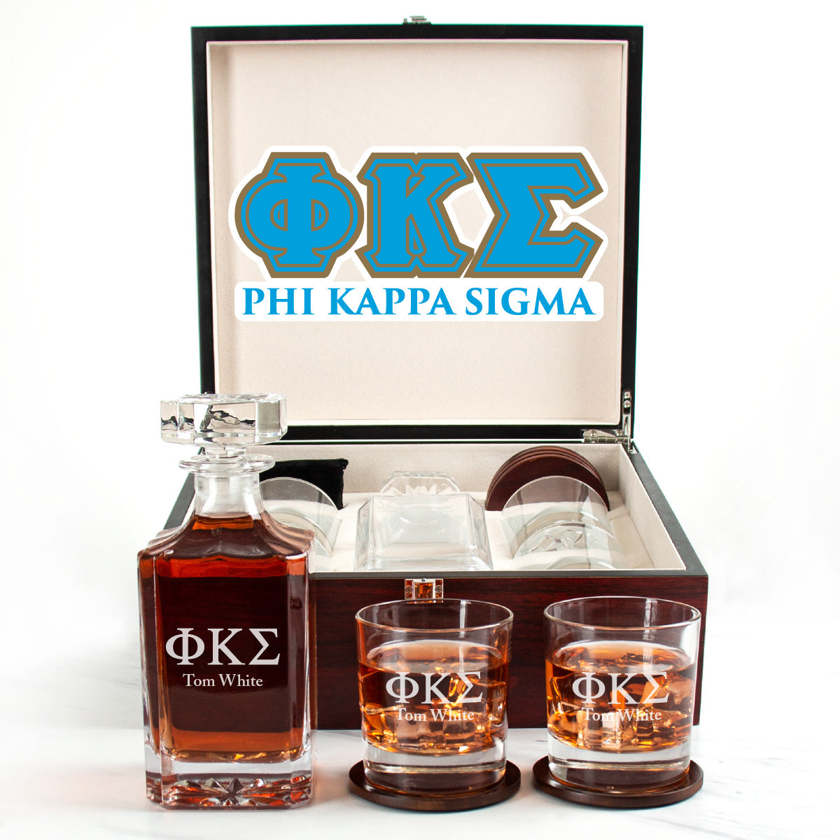 Phi Kappa Sigma Cherry Wood Decanter Wood Gift Box Set With Rocks Glasses