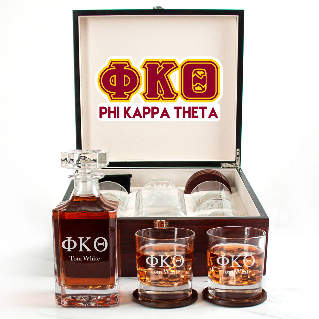 Phi Kappa Theta Cherry Wood Decanter Wood Gift Box Set With Rocks Glasses
