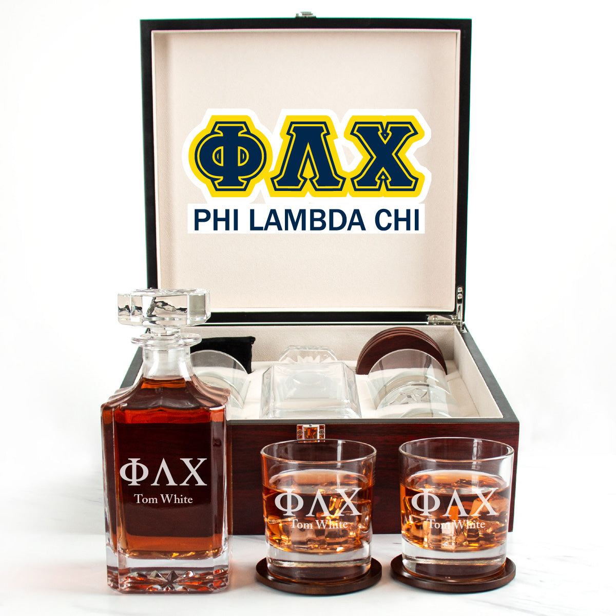 Phi Lambda Chi Cherry Wood Decanter Wood Gift Box Set With Rocks Glasses