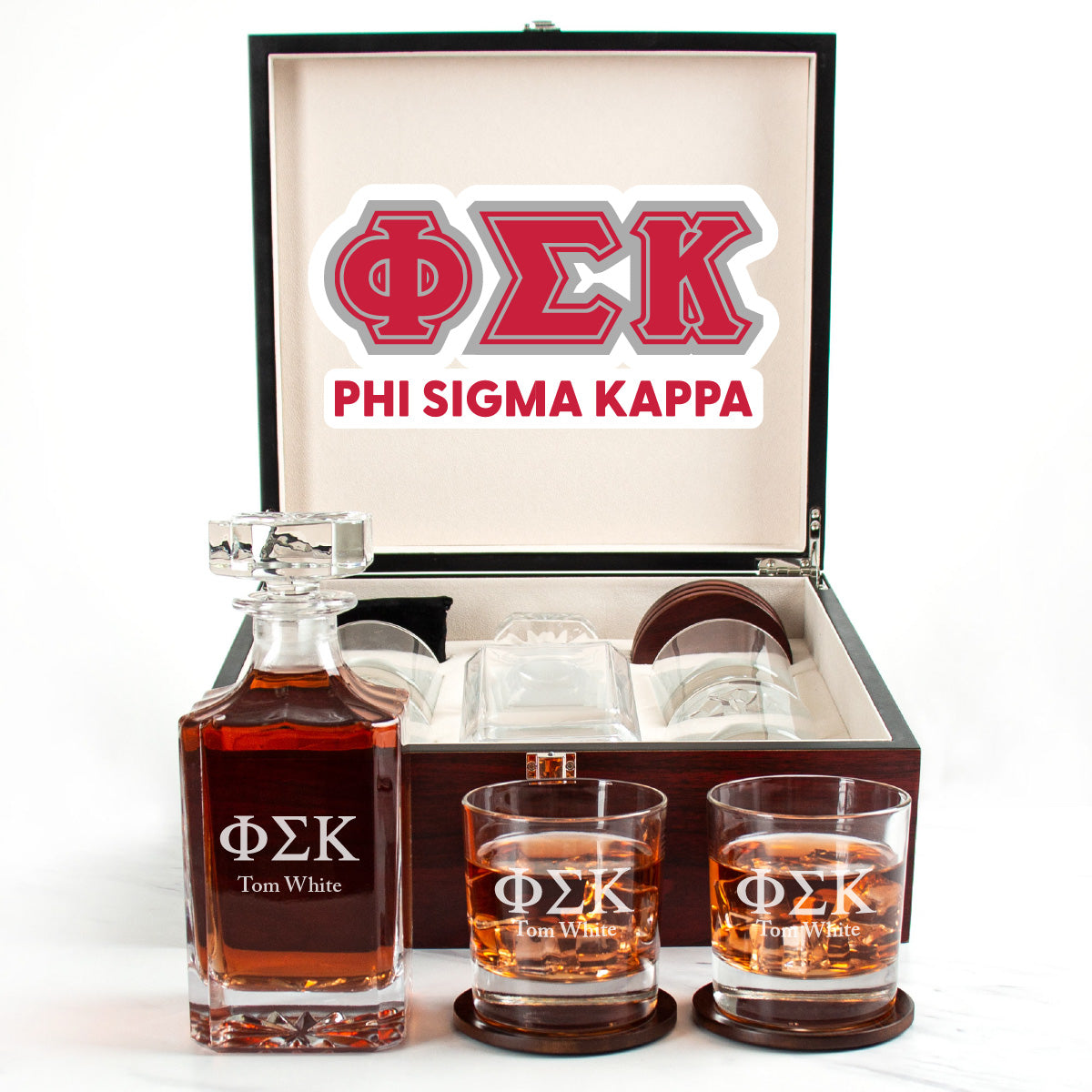 Phi Sigma Kappa Cherry Wood Decanter Wood Gift Box Set With Rocks Glasses