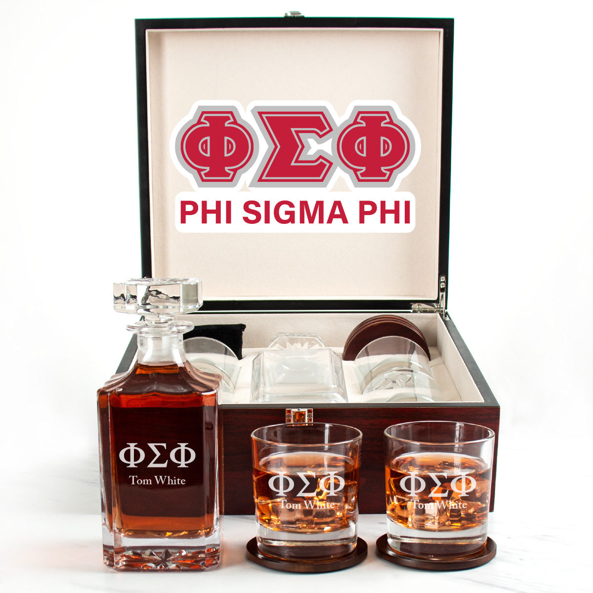 Phi Sigma Phi Cherry Wood Decanter Wood Gift Box Set With Rocks Glasses