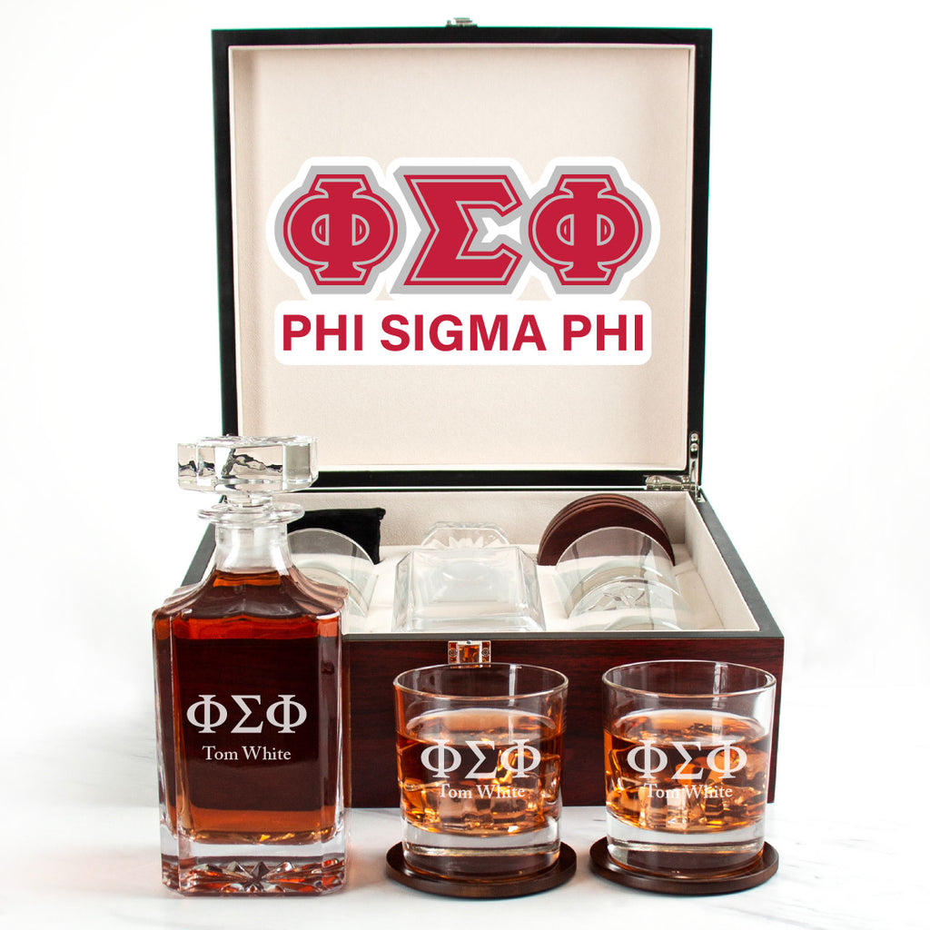 Phi Sigma Phi Cherry Wood Decanter Wood Gift Box Set With Rocks Glasses