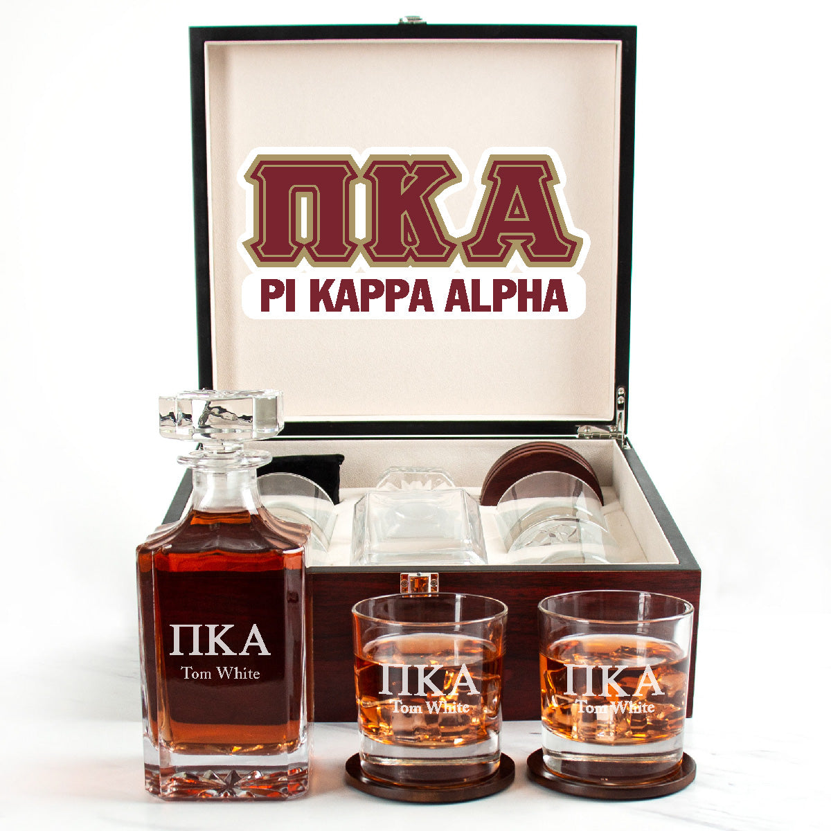 Pi Kappa Alpha Cherry Wood Decanter Wood Gift Box Set With Rocks Glasses