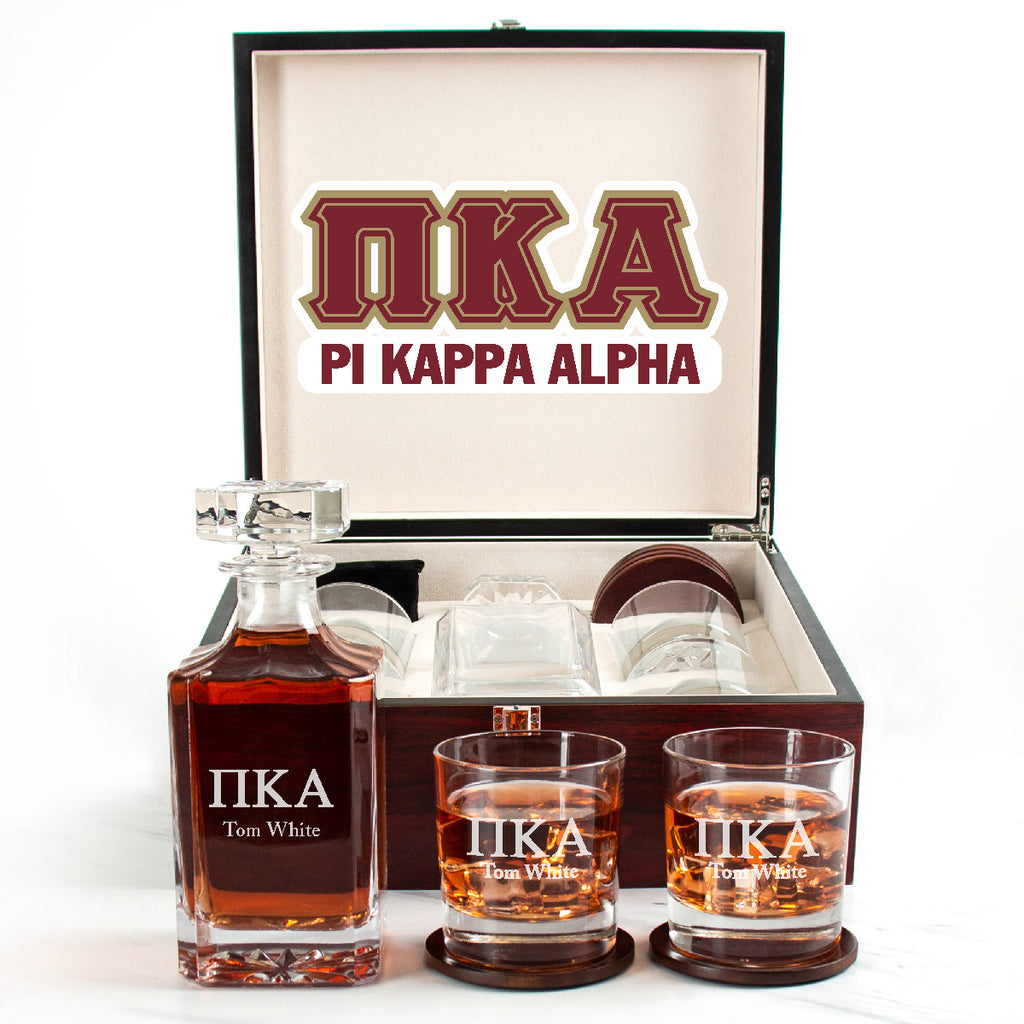 Pi Kappa Alpha Cherry Wood Decanter Wood Gift Box Set With Rocks Glasses