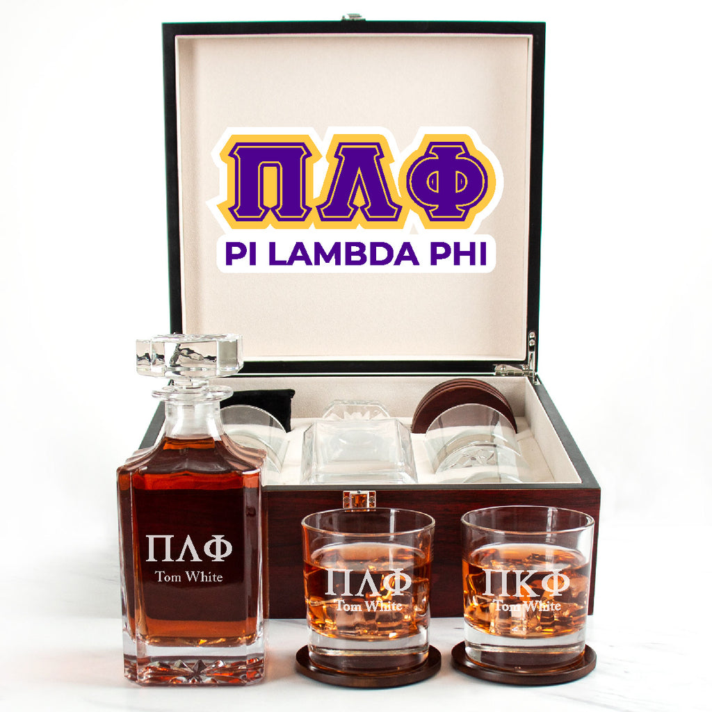 Pi Lambda Phi Cherry Wood Decanter Wood Gift Box Set With Rocks Glasses