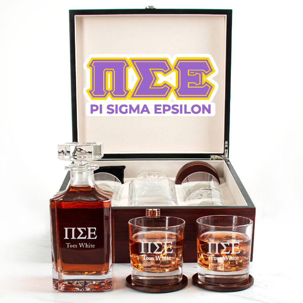 Pi Sigma Epsilon Cherry Wood Decanter Wood Gift Box Set With Rocks Glasses