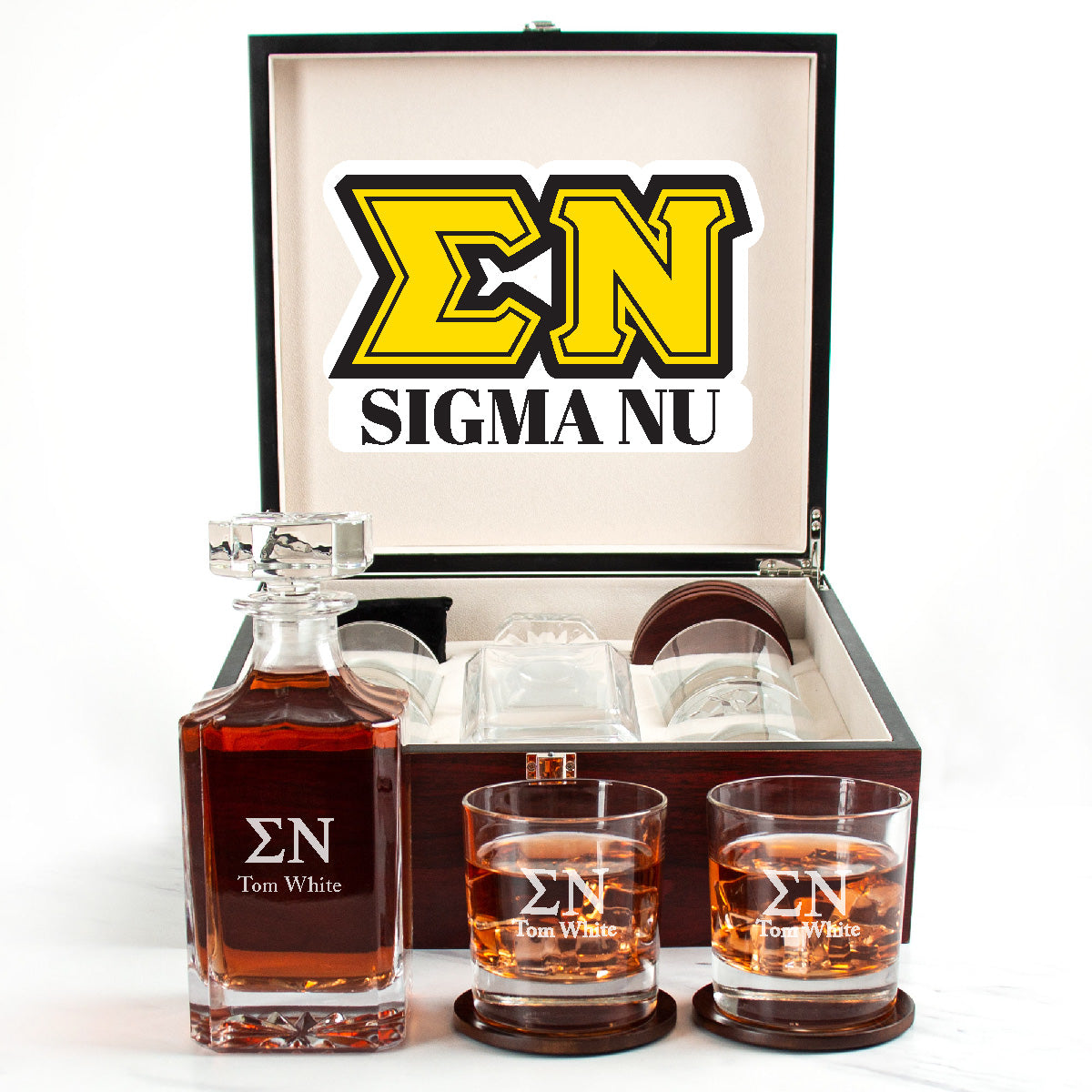 Sigma Nu Cherry Wood Decanter Wood Gift Box Set With Rocks Glasses