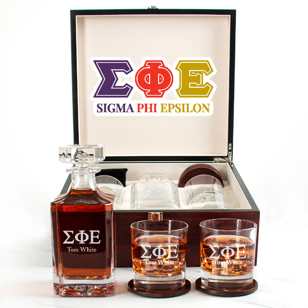Sigma Phi Epsilon Cherry Wood Decanter Wood Gift Box Set With Rocks Glasses