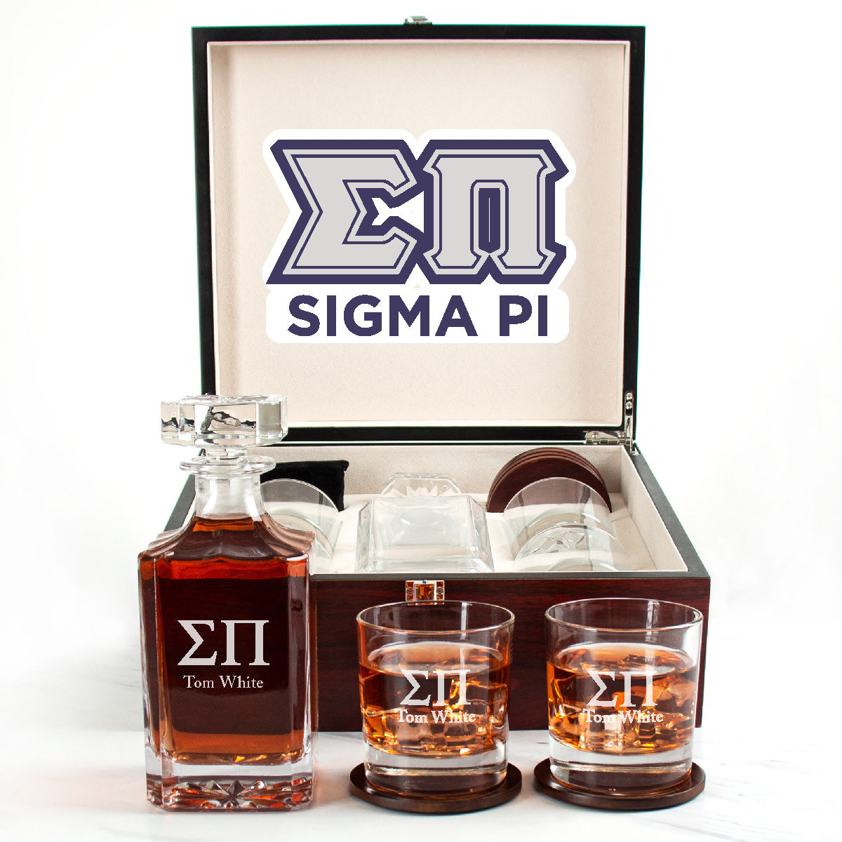 Sigma Pi Cherry Wood Decanter Wood Gift Box Set With Rocks Glasses