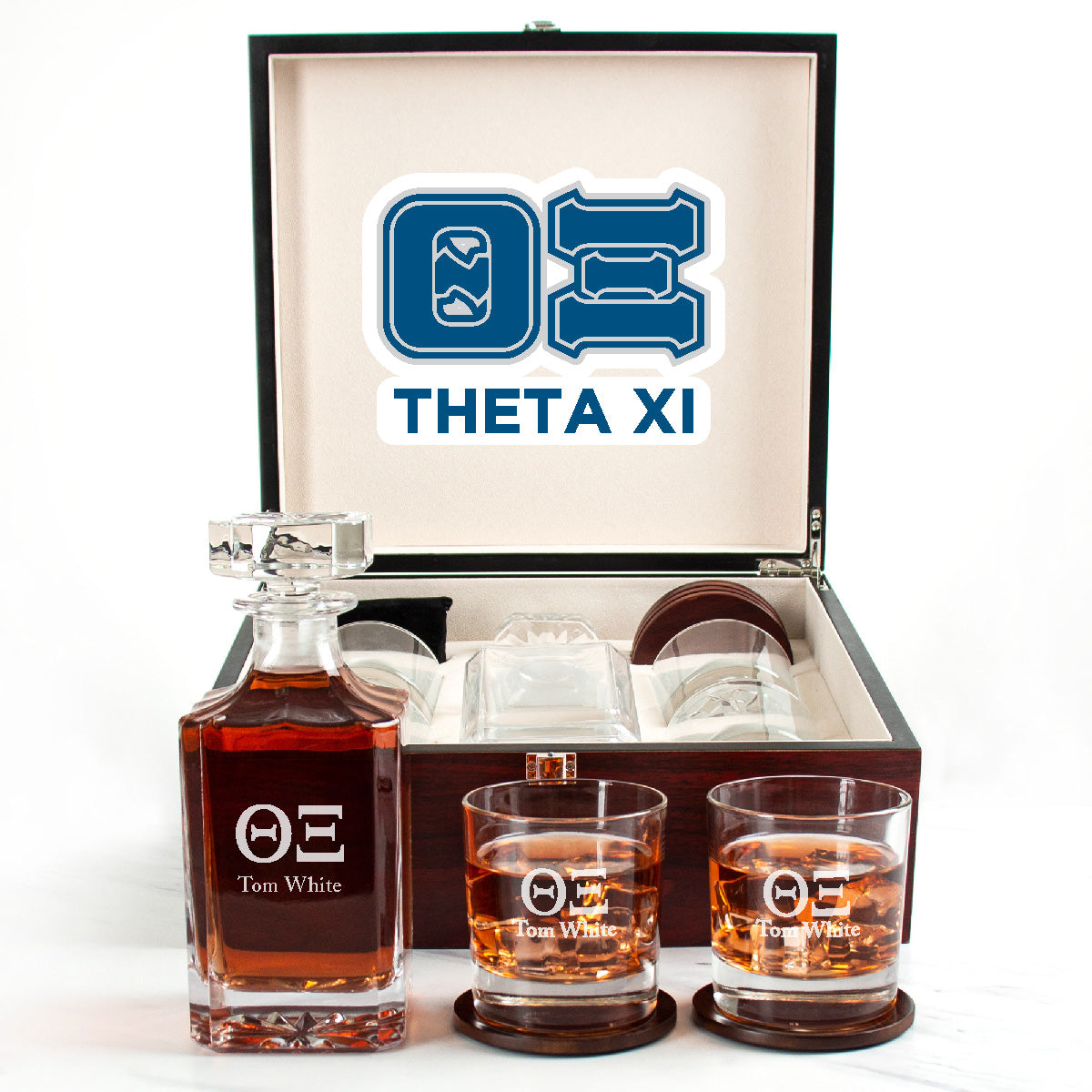 Theta Xi Cherry Wood Decanter Wood Gift Box Set With Rocks Glasses