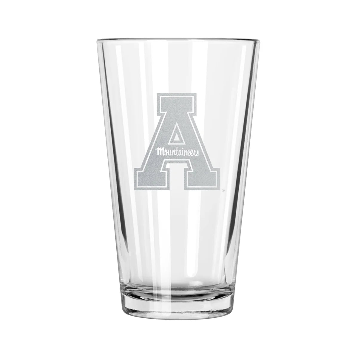 A clear pint glass with an etched design of the Appalachian State Mountaineers logo.