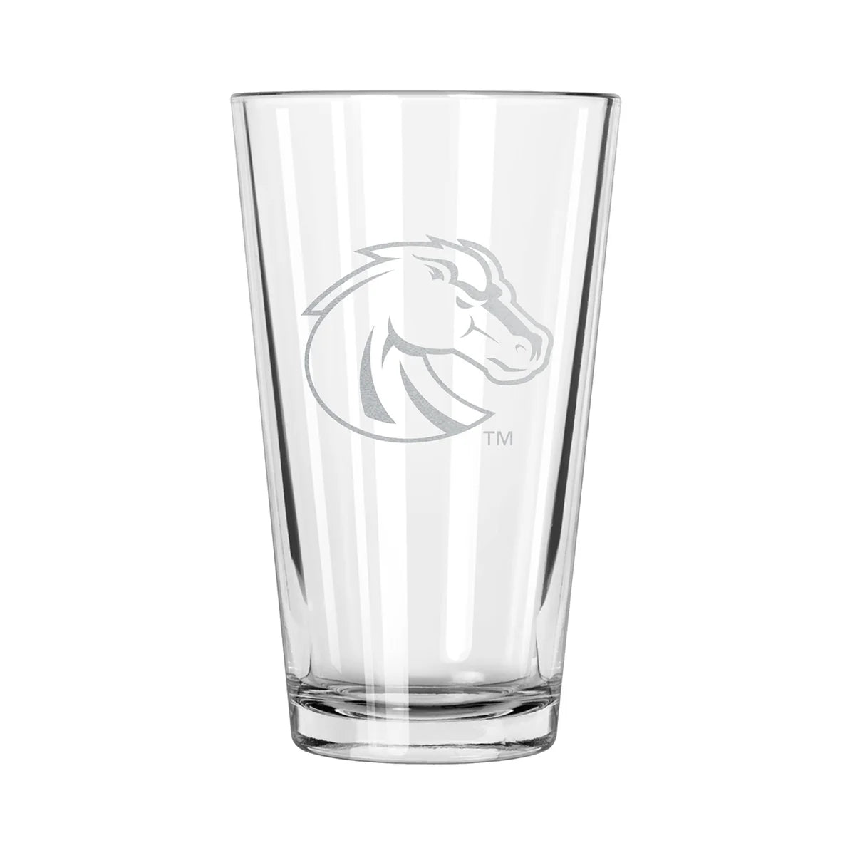 A clear pint glass with an etched design of the Boise State Broncos logo, featuring the team's name and logo, with the designation 'BOISE STATE' below the logo.