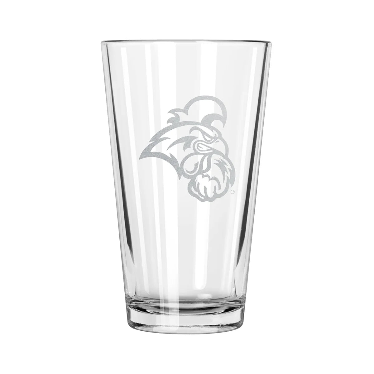 A clear pint glass with an etched design of the Coastal Carolina Univ Chanticleers logo.