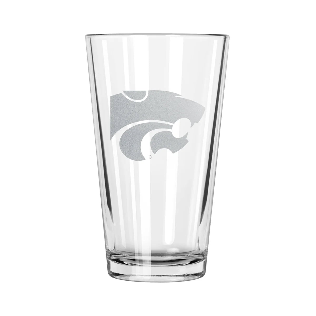 A clear pint glass with an etched design of the Kansas State Wildcats logo.