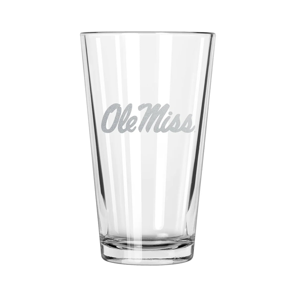 A clear glass pint glass with the text 'OLE MISS' etched in the center.