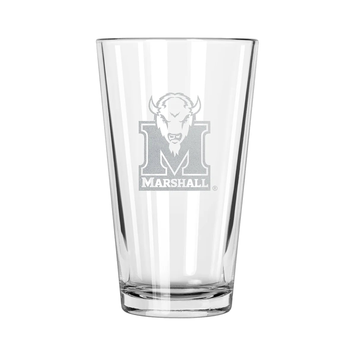 A clear pint glass with an etched design of the Marshall Thundering Herd logo.