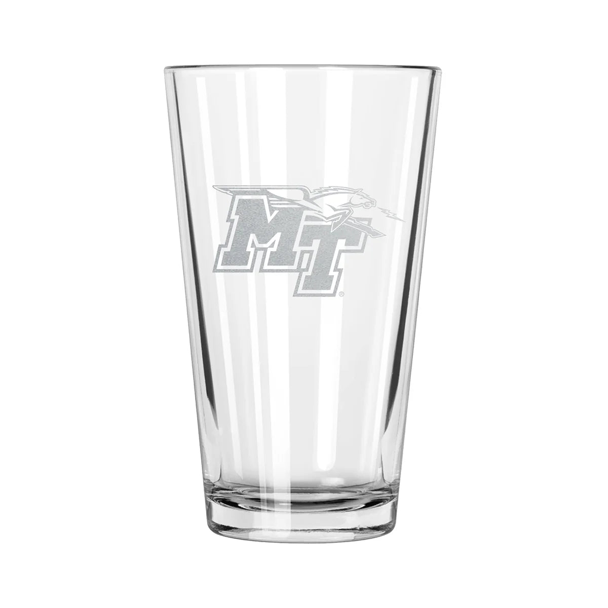 A clear pint glass with an etched design of the Middle Tennessee State Blue Raiders logo.