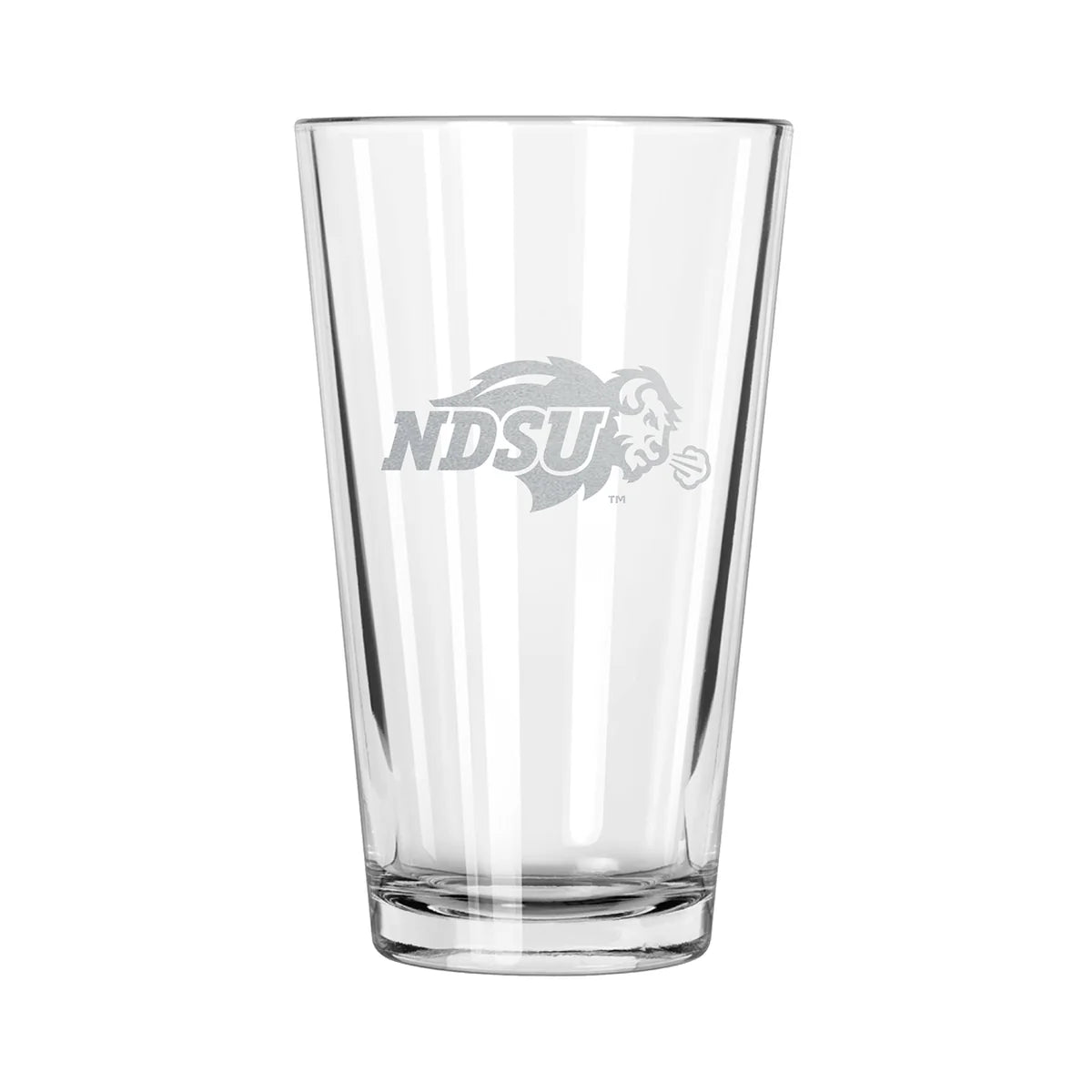 A clear pint glass with etched design of the North Dakota State Bison logo.
