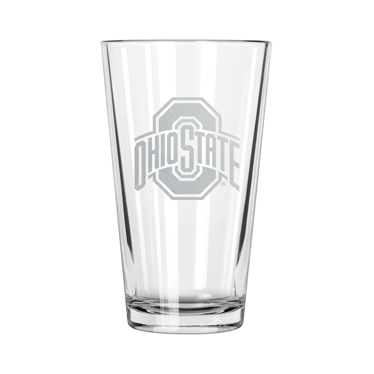 A clear pint glass with an etched design of the Ohio State University Buckeyes logo.