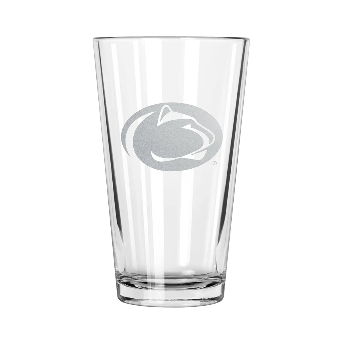 A clear pint glass with an etched design of the Penn State Nittany Lions logo.