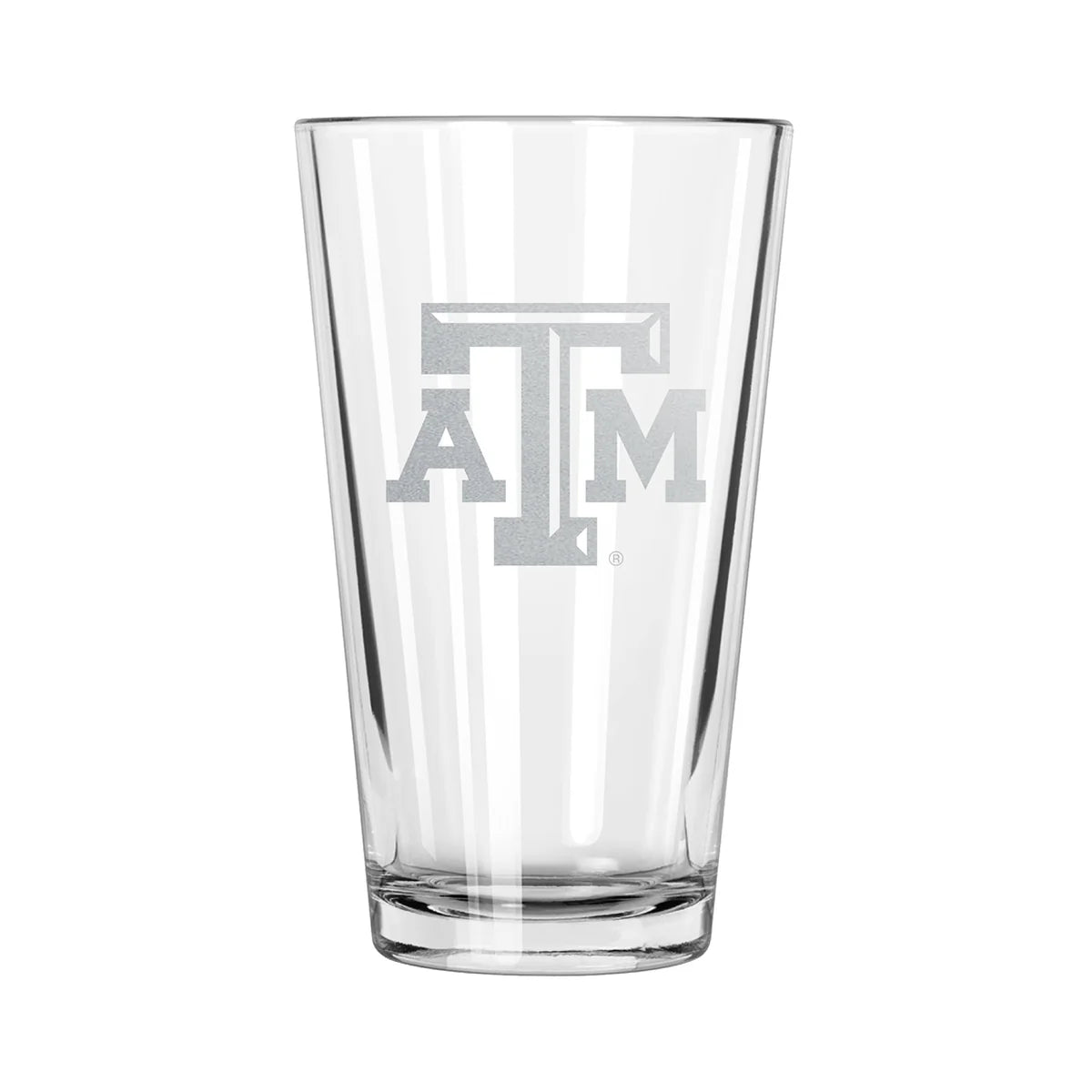 A clear pint glass with an etched design of the Texas A&M Aggies logo.