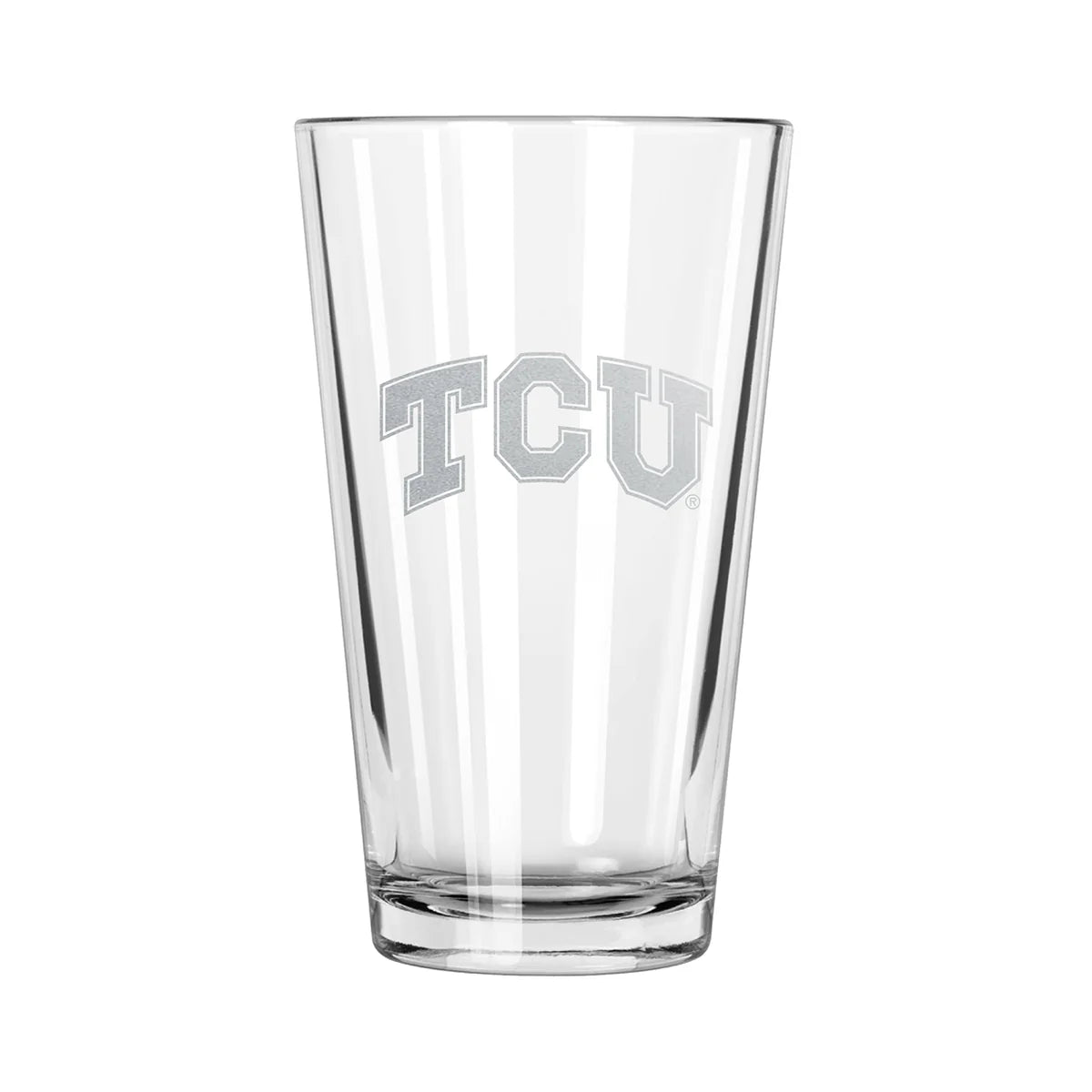 A clear pint glass with an etched design of the Texas Christian University Horned Frogs logo.