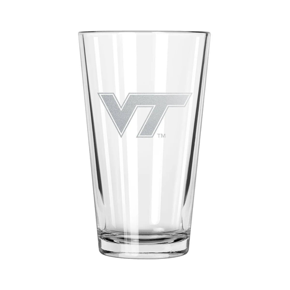 A clear pint glass with etched design of the Virginia Tech Hokies logo.