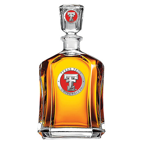 Glass decanter with Texas Tech University logo on a white background
