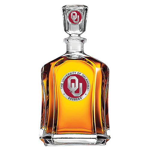 Whiskey decanter with University of Oklahoma logo on a white background