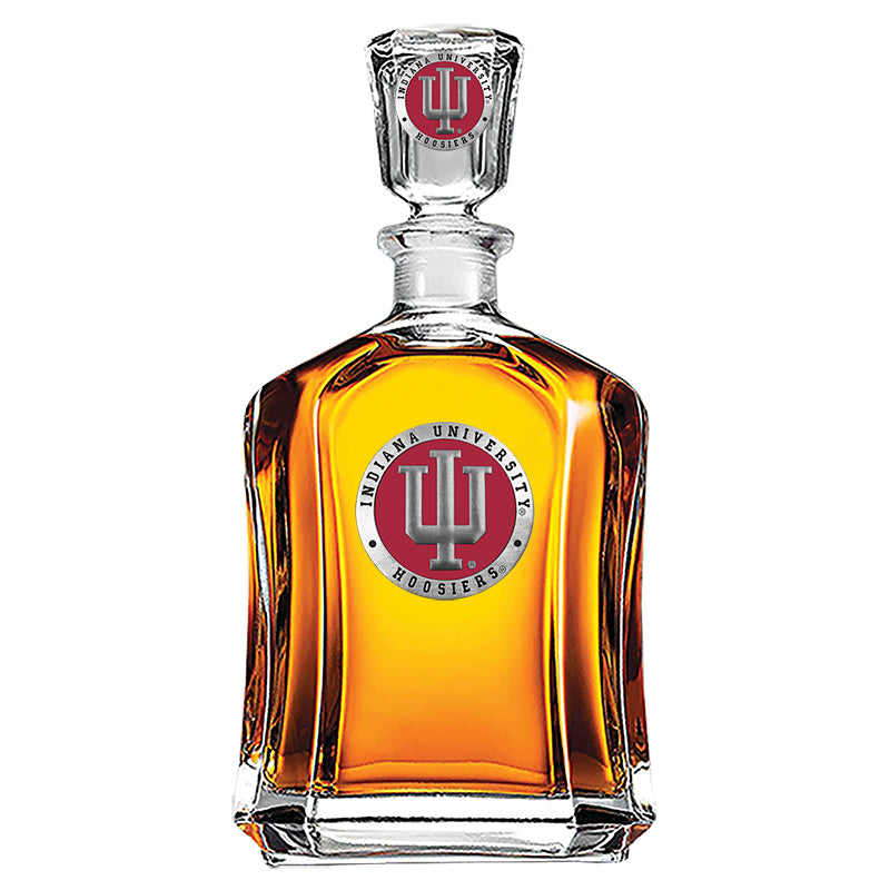 Whiskey decanter with Indiana University logo on a white background