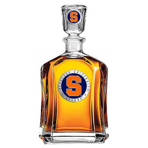 Whiskey decanter with Syracuse University logo on a white background