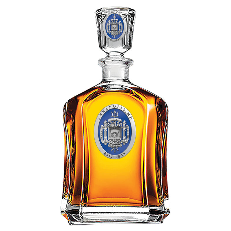 Glass decanter with a logo on a white background