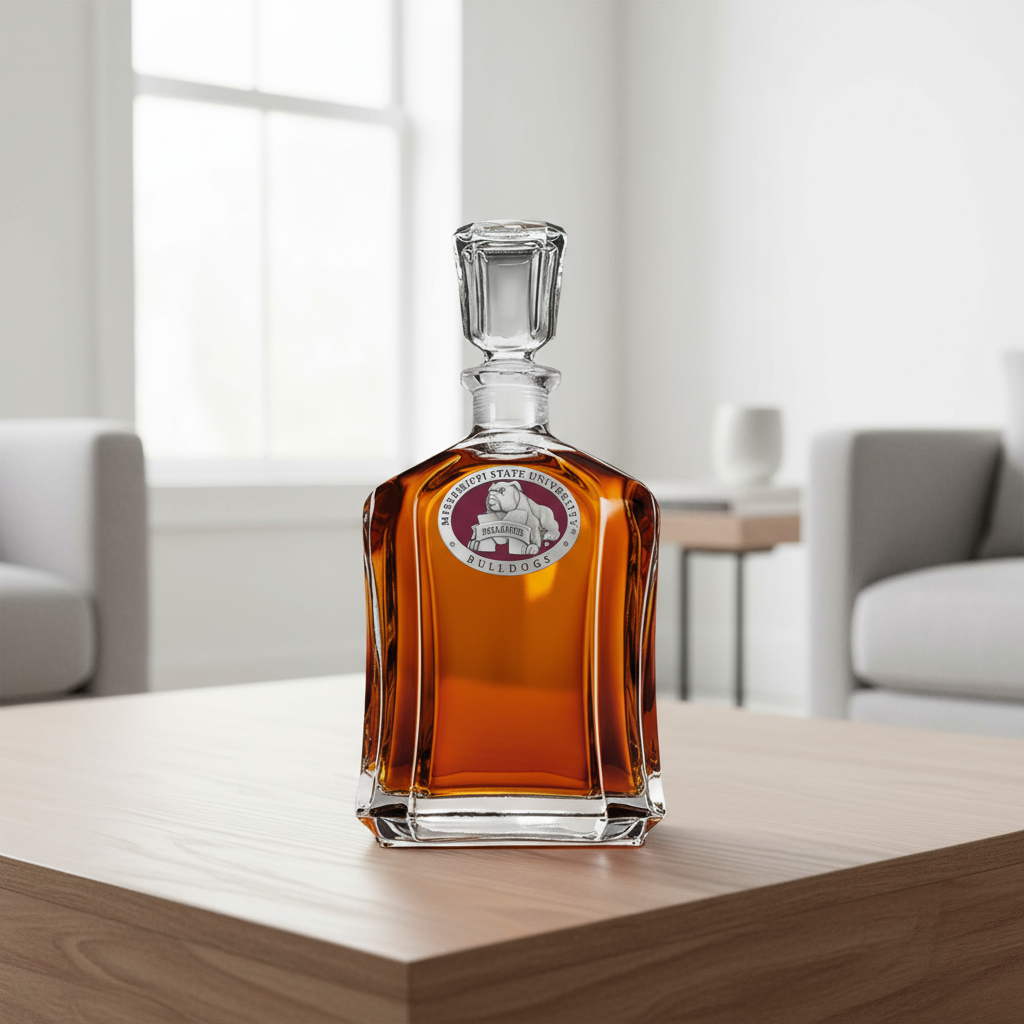 Glass decanter with a logo on a white background