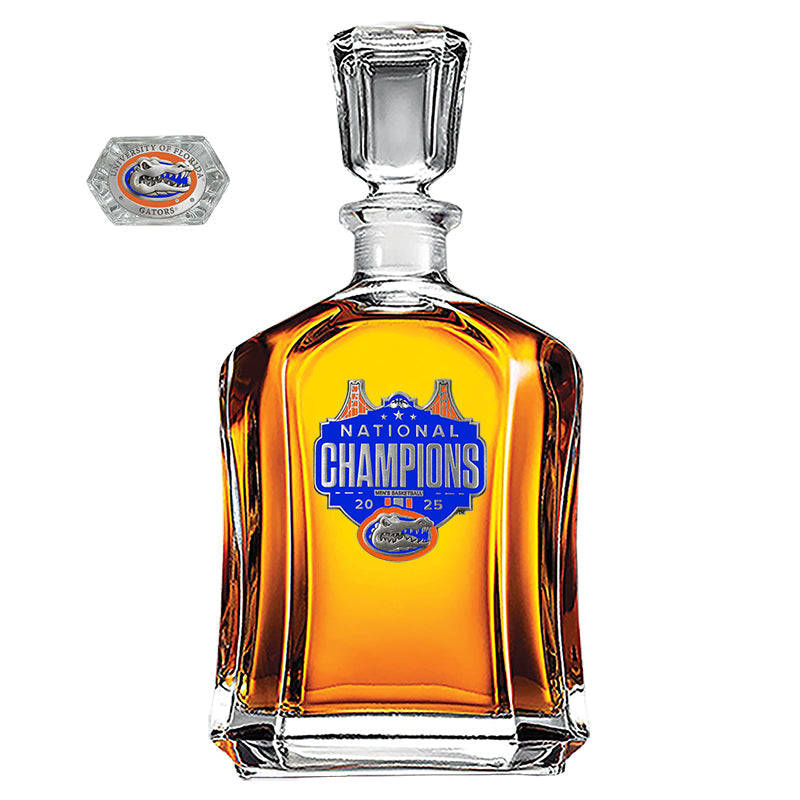 Decanter with 'National Champions' label on a white background