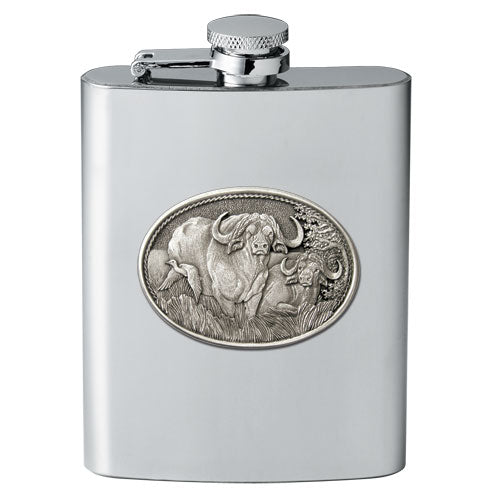 Cape Buffalo 8oz Stainless Steel Flask - Fine Pewter Wildlife Casting - Made in USA