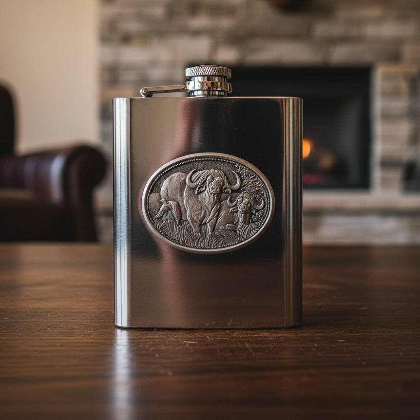 Cape Buffalo 8oz Stainless Steel Flask - Fine Pewter Wildlife Casting - Made in USA