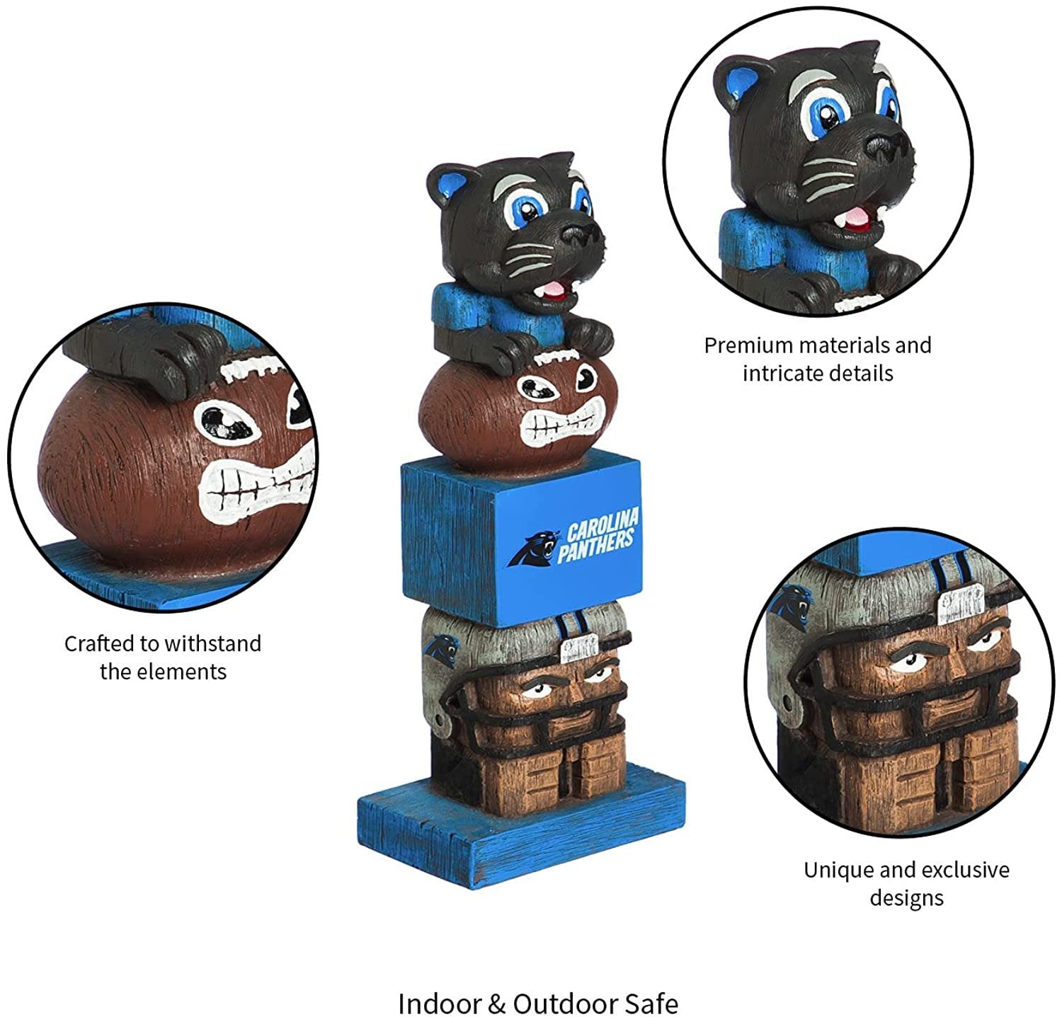 Carolina Panthers-themed totem pole with panther mascot and football, featuring close-up details on a white background.