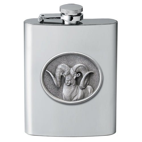 Chadwick Ram 8oz Stainless Steel Flask - Fine Pewter Bighorn Casting - Made in USA